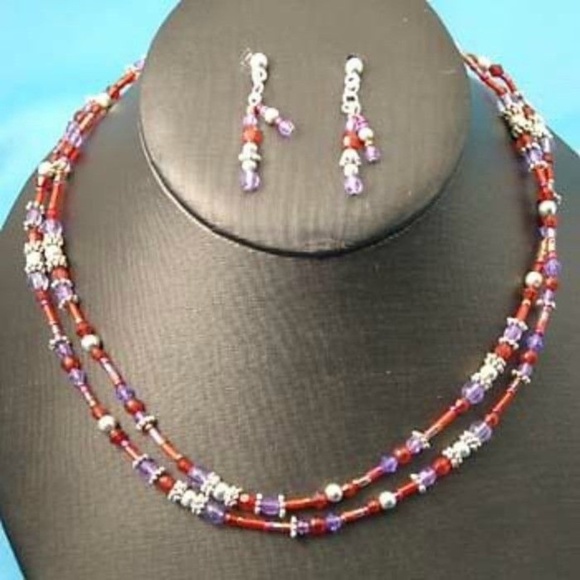 Beaded Lavender & Red Necklace & Earrings Set New - Picture 1 of 1
